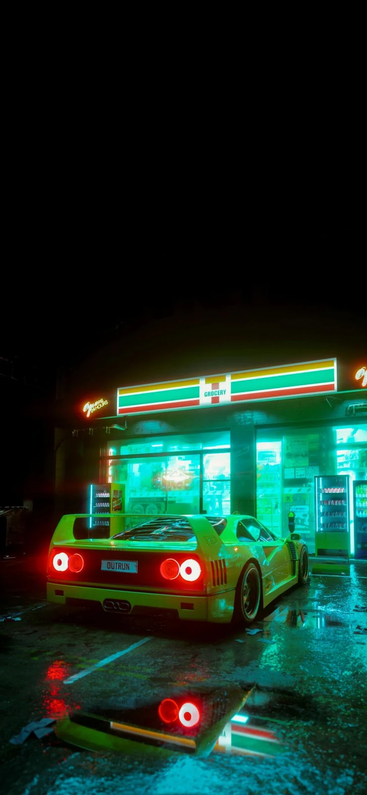 Neon Ferrari F40 At 7-Eleven - Neon Digital Render Full HD iPhone Wallpaper (1090x2360)