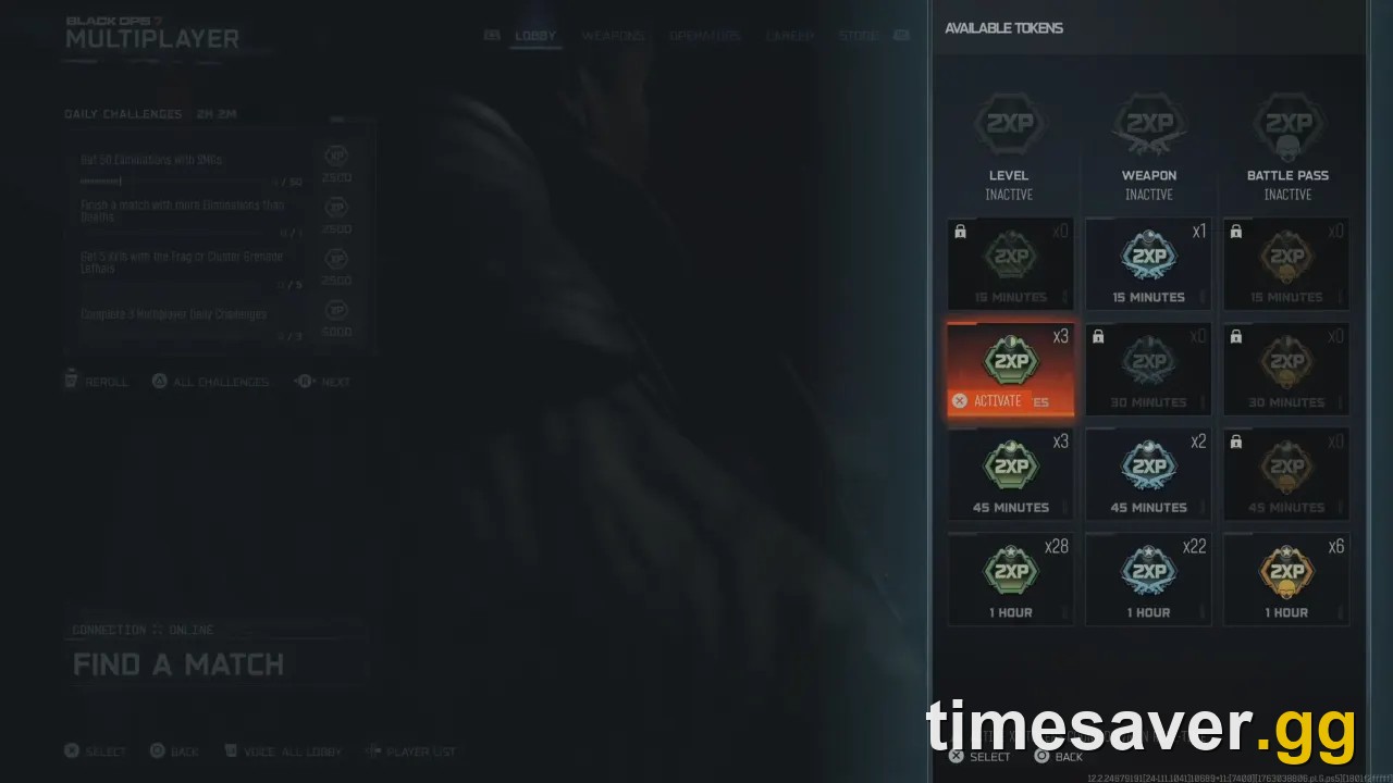 Black Ops 7 Available Tokens menu showing Level, Weapon and Battle Pass 2XP tokens
