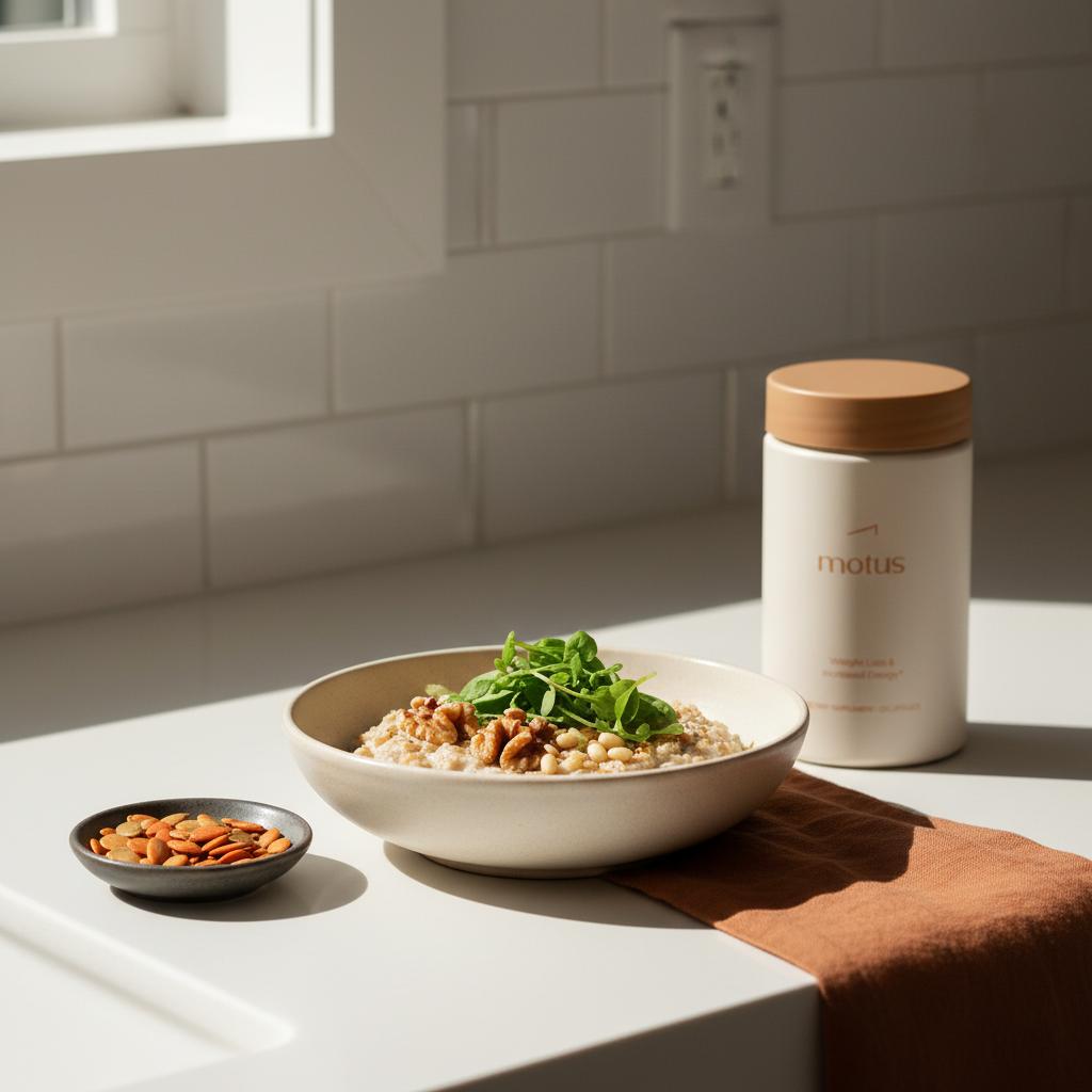Minimal kitchen counter with overnight oats, pumpkin seeds and Tonum supplement container beside bowl, highlighting magnesium-rich morning nutrition.