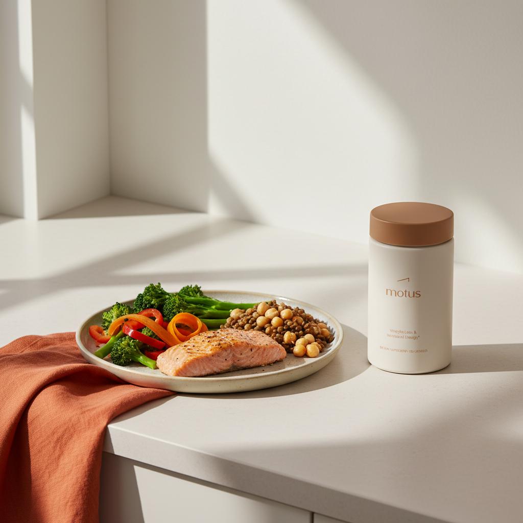 Tonum Motus bottle beside a plate of grilled salmon, mixed legumes and colorful vegetables on a minimalist #F2E5D5 countertop, illustrating dietary support for insulin sensitivity.