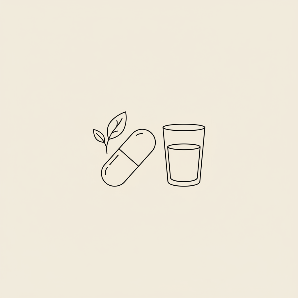 Minimalist thin-line vector illustration of a capsule, a stylized leaf sprig representing chlorogenic acid, and a water glass on beige background — green coffee