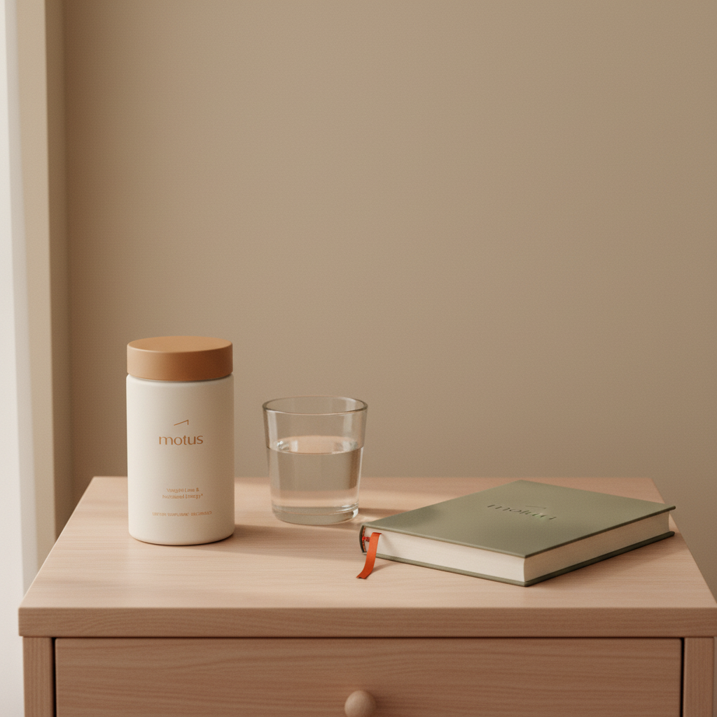 Minimal bedside scene with Tonum Motus bottle on a wooden table beside a glass of water and a journal, evoking routine and weight loss — which weight loss drug is best?