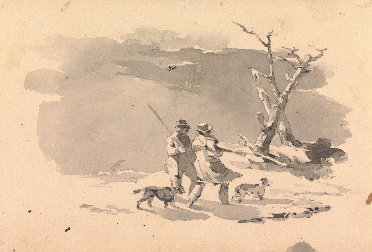 Two Hunters and Two Dogs in Winter Scene