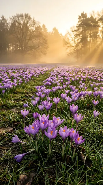 Field of Purple Crocuses in Morning Mist