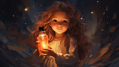 Illustration, Stars, Curly Hair, Glass Bottle, Smiling 5K Wallpaper Background