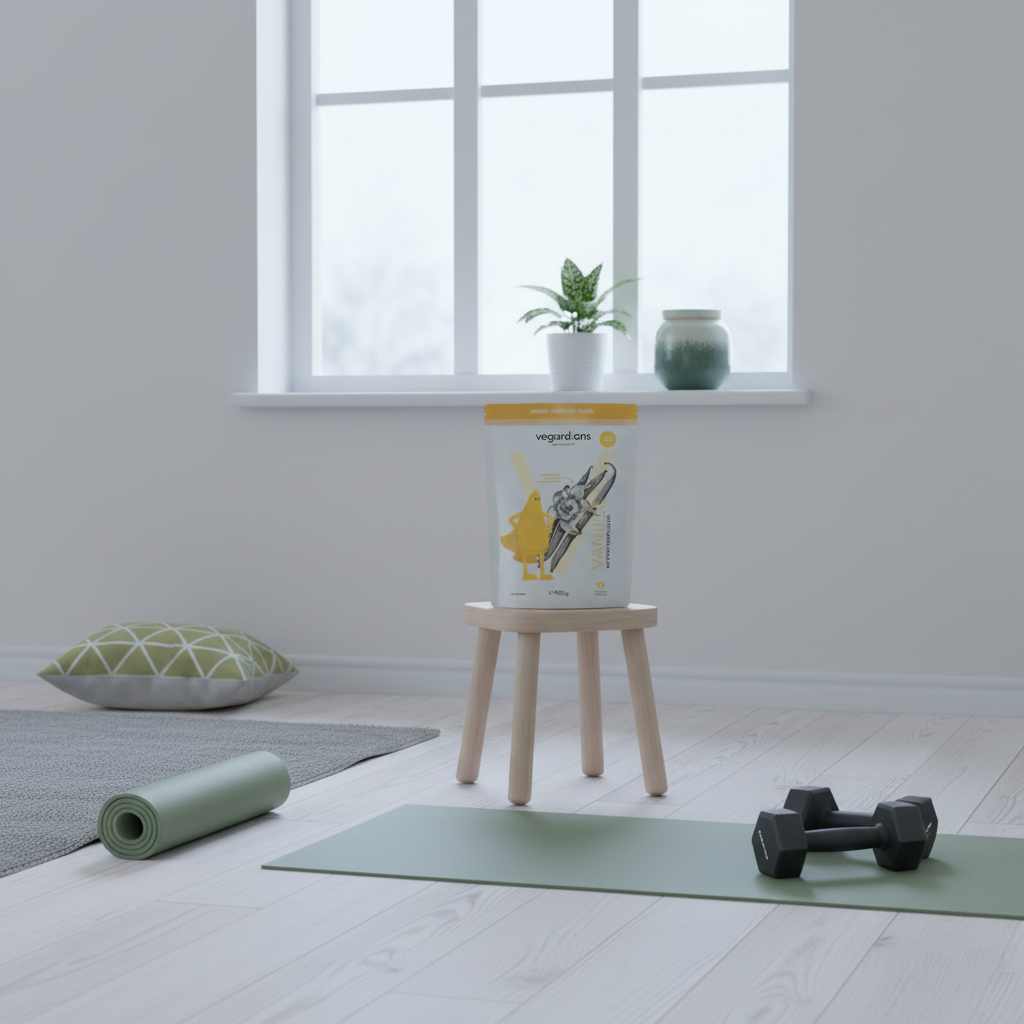 Minimalistische Heimtrainingsszene mit Yogamatte, Kurzhanteln und Vegardians-Produkt neben Fenster mit Winterlicht, skandinavisches Interieur und Akzente für Fettabbau.