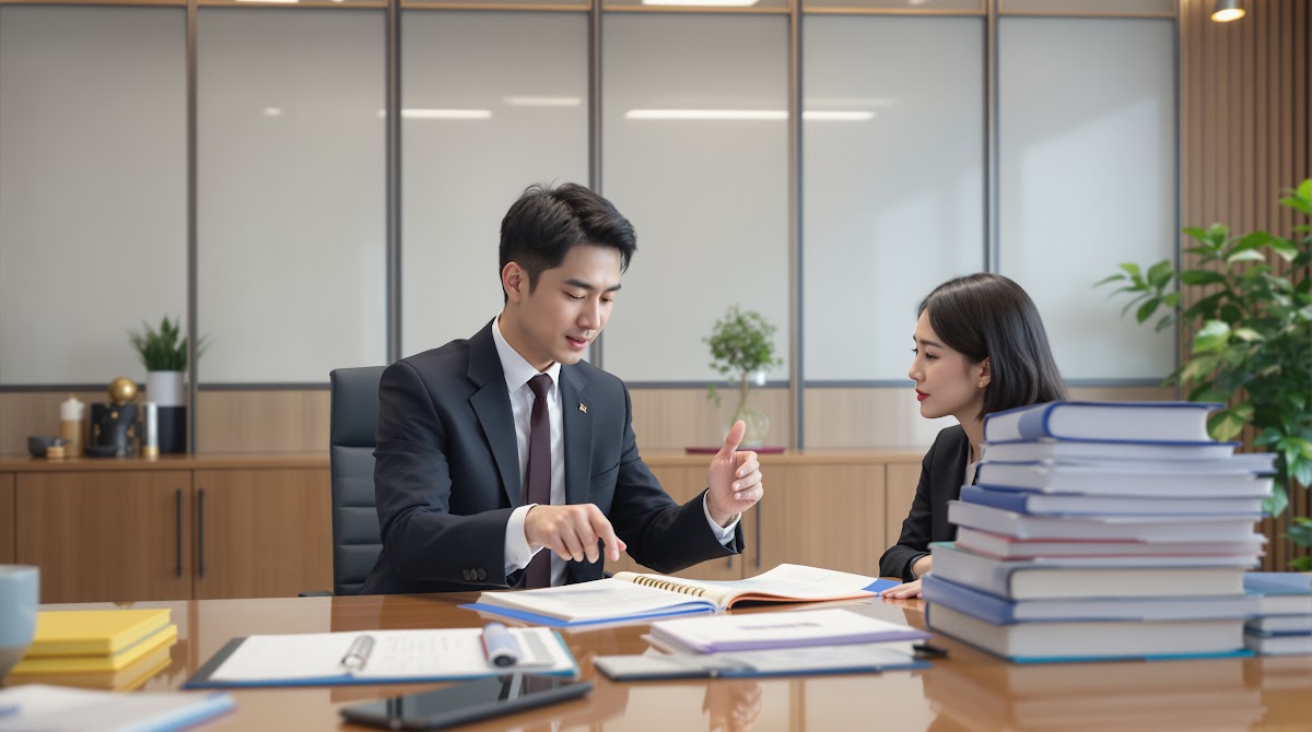 국가유공자 등록 기각 사유별로 색상별로 정리된 차트, 극복 전략을 설명하는 변호사가 신청인에게 구체적인 서류 보완 방법을 제시하는 회의 장면, 실제 판례 및 입증자료가 책상 위에 배열된 상황