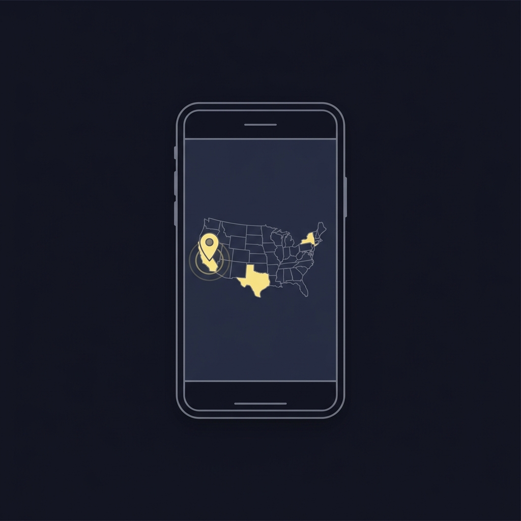 Minimal 2D vector smartphone showing a simplified US map with three states highlighted and a geolocation pin on one state in Funded Plays colors circa betting