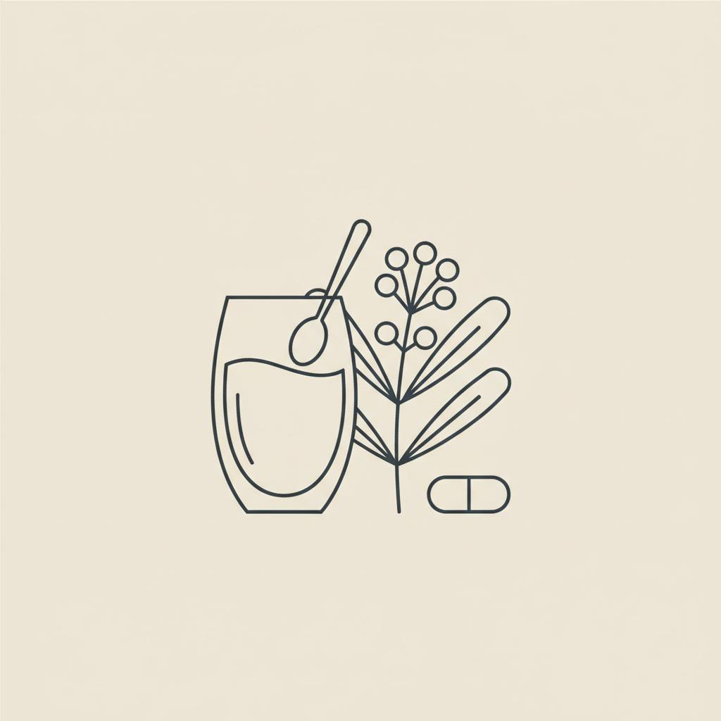 Minimal Tonum-style line illustration of a glass of water with spoon, capsule and psyllium husk plant on beige background for Metamucil weight loss
