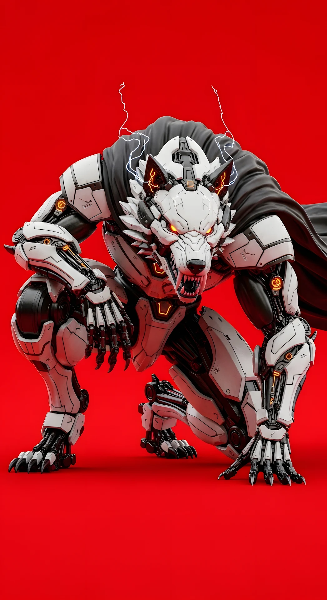 Aggressive White Mecha Werewolf on Solid Red Background - Free 4K mobile Wallpaper