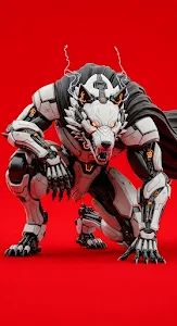 Aggressive White Mecha Werewolf on Solid Red Background