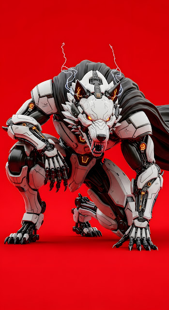 Aggressive White Mecha Werewolf on Solid Red Background - Free mobile Wallpaper