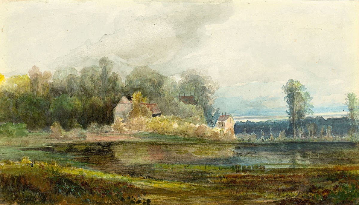 Teich mit Wald und Häusern