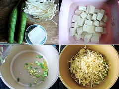 Đậu hũ cắt miếng vuông nhỏ, ngâm với một chút nước muối 10 phút, vớt ra để ráo. Nấm rửa sạch cắt khúc vừa ăn. Mướp gọt vỏ, cắt miếng nhỏ vừa ăn. Làm nóng nồi dầu trên bếp, cho đầu hành cắt nhỏ vào phi thơm. Tiếp theo, cho nấm vào xào.