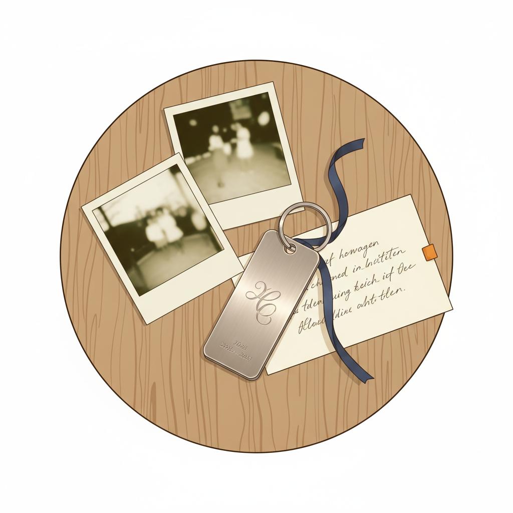Nahaufnahme eines personalisierten Metallgeschenks mit gravierter Plakette auf Holztisch, daneben Fotos und handgeschriebene Karte; warme Stimmung, 50. Geburtstag Ideen