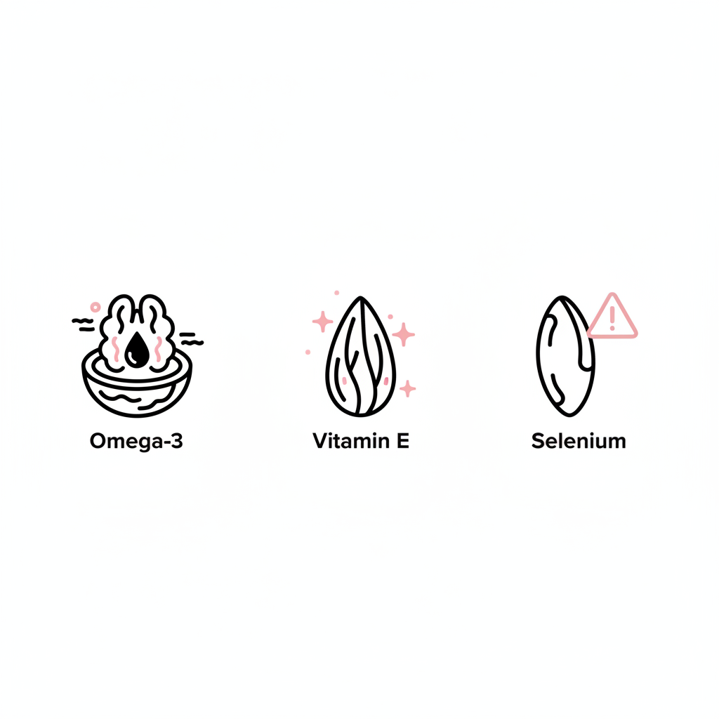 Minimalistische 2D-Vektorinfografik mit drei Nuss-Icons (Walnuss für Omega‑3, Mandel für Vitamin E, Paranuss mit Warnsymbol für Selen) – Nüsse für Haare