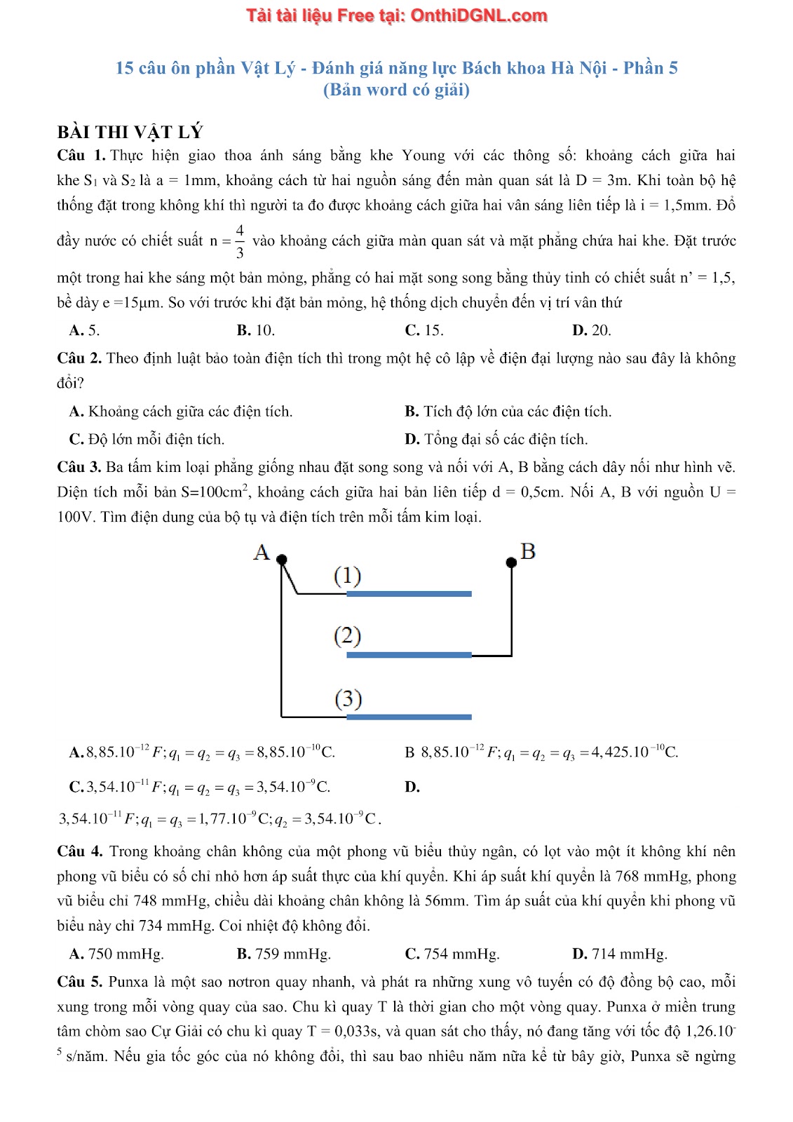 105 bài tập môn Vật Lý - Ôn thi ĐGNL Bách khoa Hà Nội Phần 5