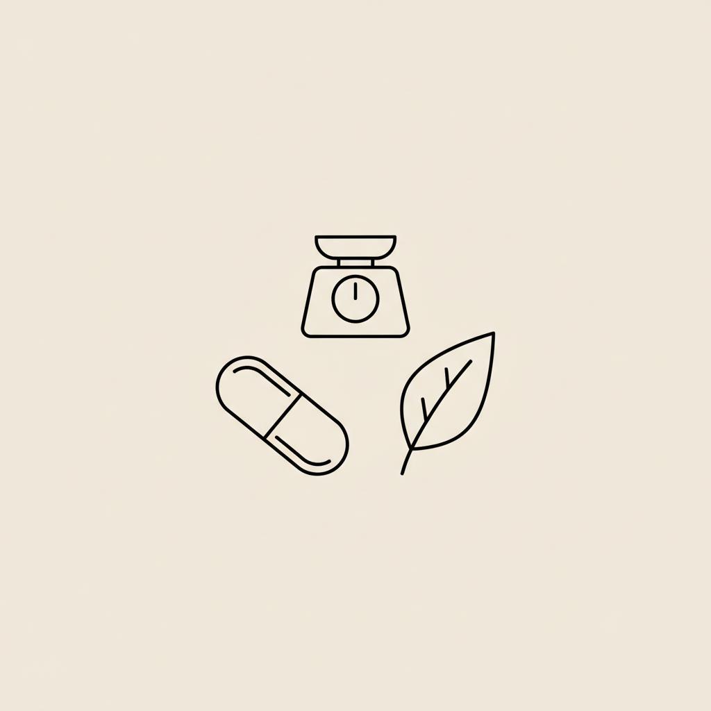 Minimal Tonum-style vector icon of a capsule, leaf, and small scale representing over the counter weight loss pills on a flat beige background #F2E5D5