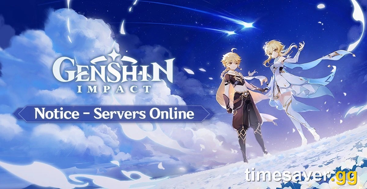 The Genshin Impact Servers Online notice, the in-game confirmation that version update maintenance has finished and the new version is live