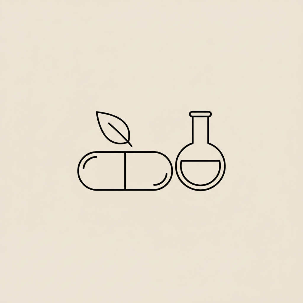 Minimal Tonum-style line illustration of a B-complex capsule, small leaf and simplified lab flask on a beige background (#F2E5D5).