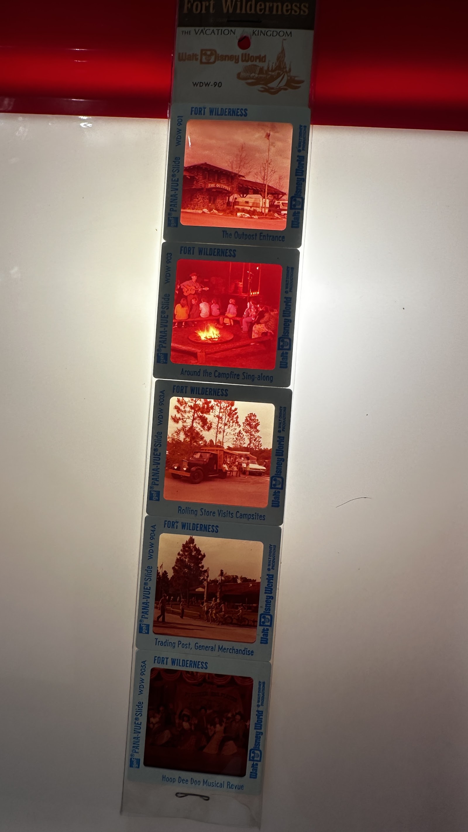 GAF Pana-Vue slide set WDW-90 showing five 35mm slides of Walt Disney World Fort Wilderness Resort and Campground from the 1970s