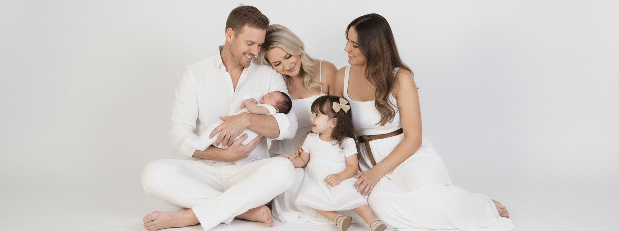 Family seated on a white studio background: man cradling a newborn, two women smiling toward the baby, and a toddler girl sitting between them—all in white outfits.