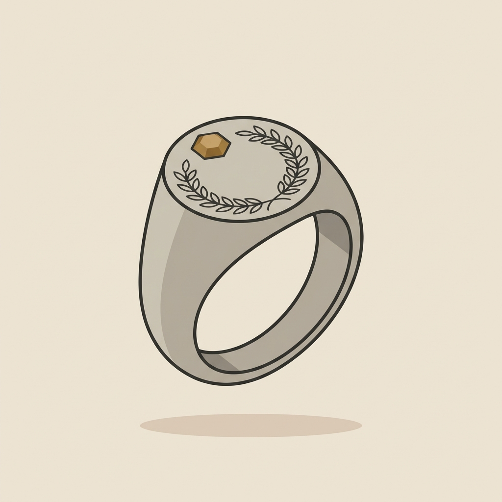 Minimalist 2D vector depicting an ancient signet ring centered on a soft beige background using Aurora Antiqua palette with a laurel engraving and warm gold accent