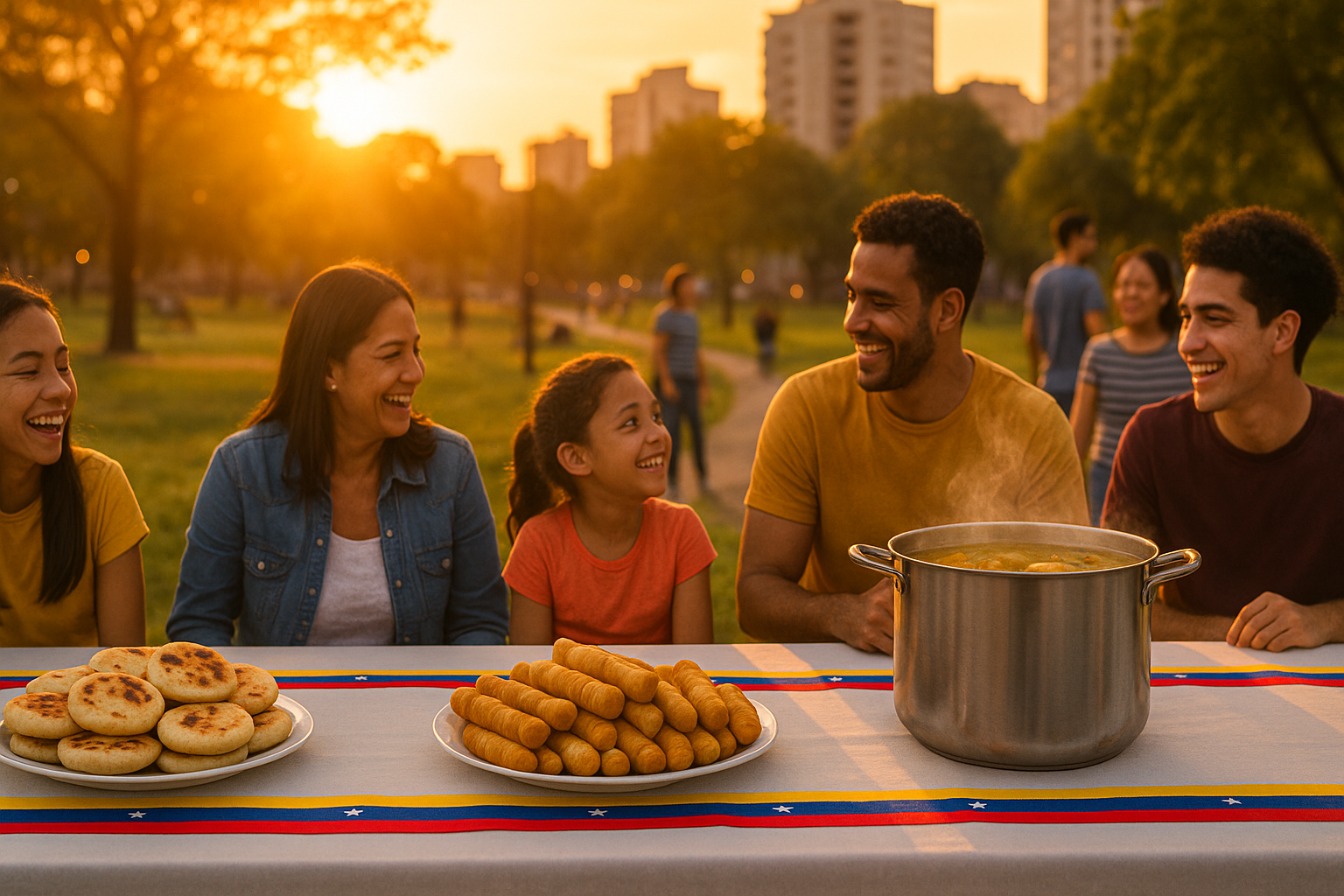 Venezolanos compartiendo comida y sonrisas en un parque durante un encuentro comunitario