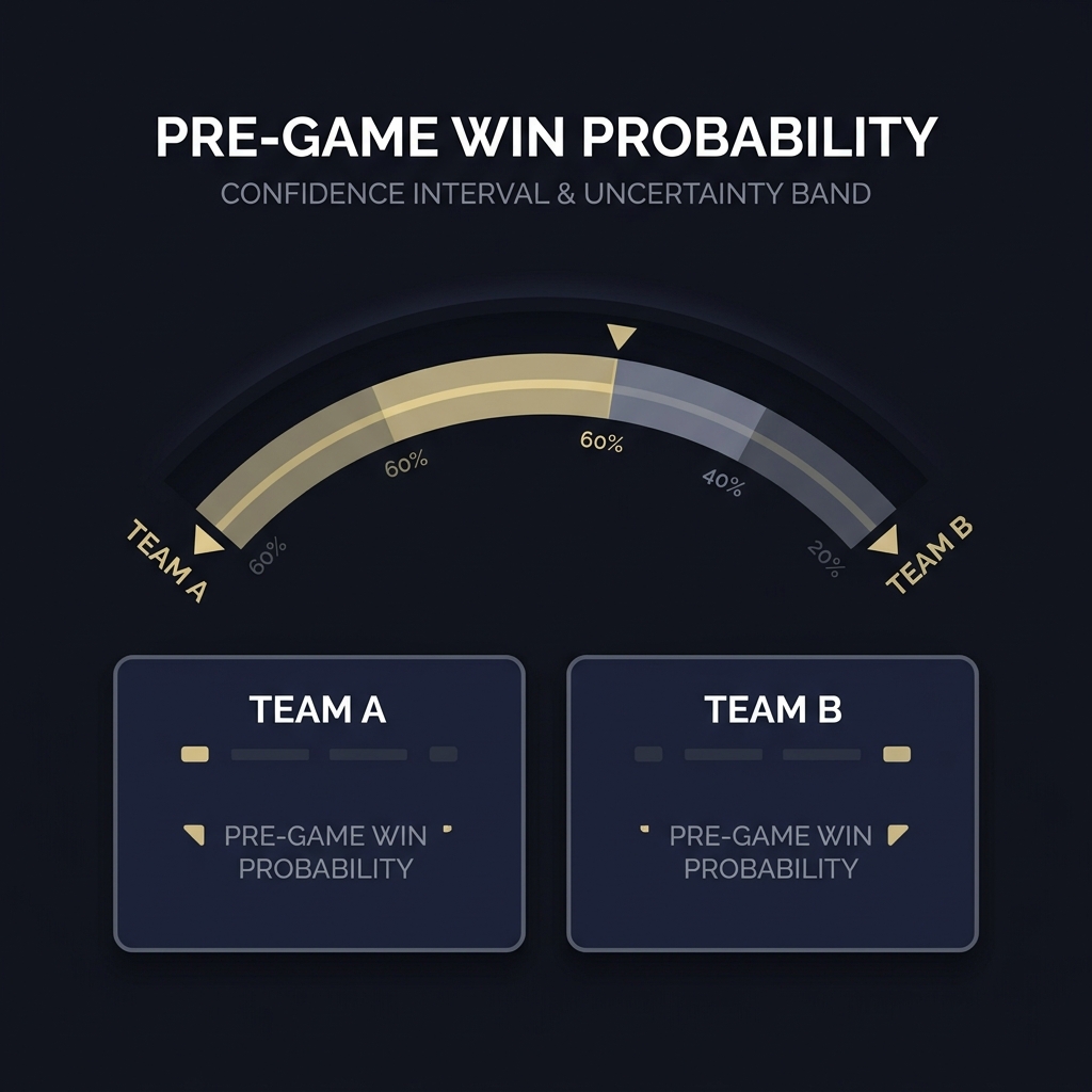 Pre game win probability gauge comparing two teams with shaded uncertainty interval visualizing The Difference Between Probability and Certainty