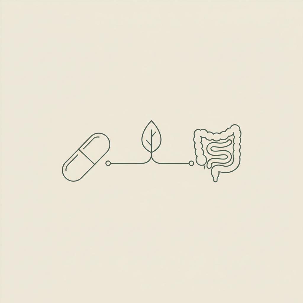 Minimal Tonum-style vector illustration of a capsule, leaf and simplified gut connected by thin lines representing berberine and digestive health on beige background #F2E5D5