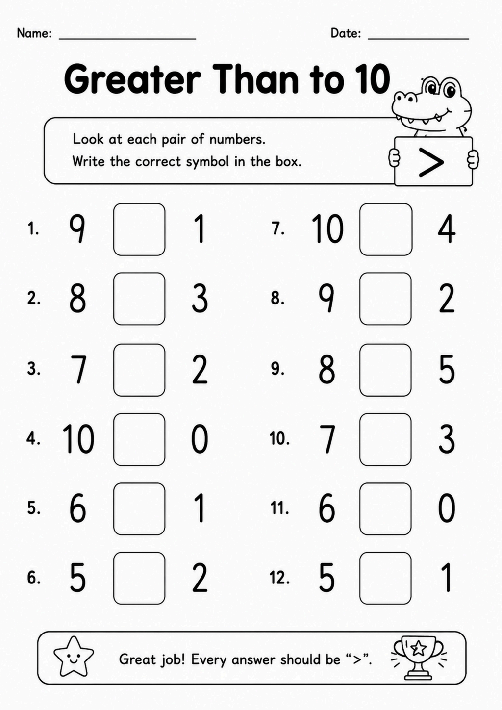 Greater Than to 10 Worksheet