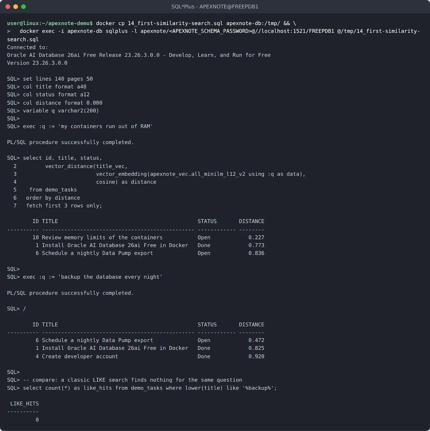 Semantic search results for two questions and a LIKE search with zero hits