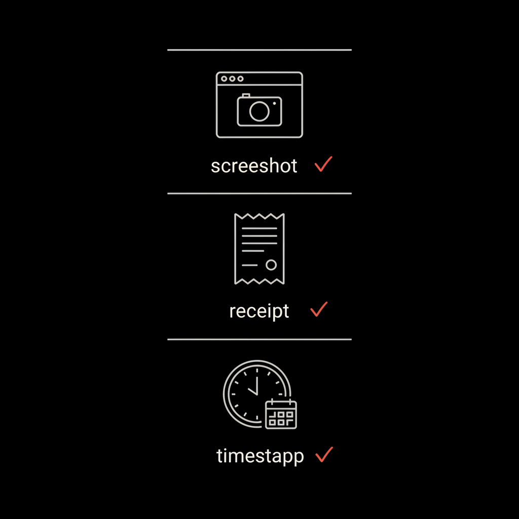 Minimal infographic evidence checklist to remove Google review showing screenshot, receipt and timestamp icons on a black background