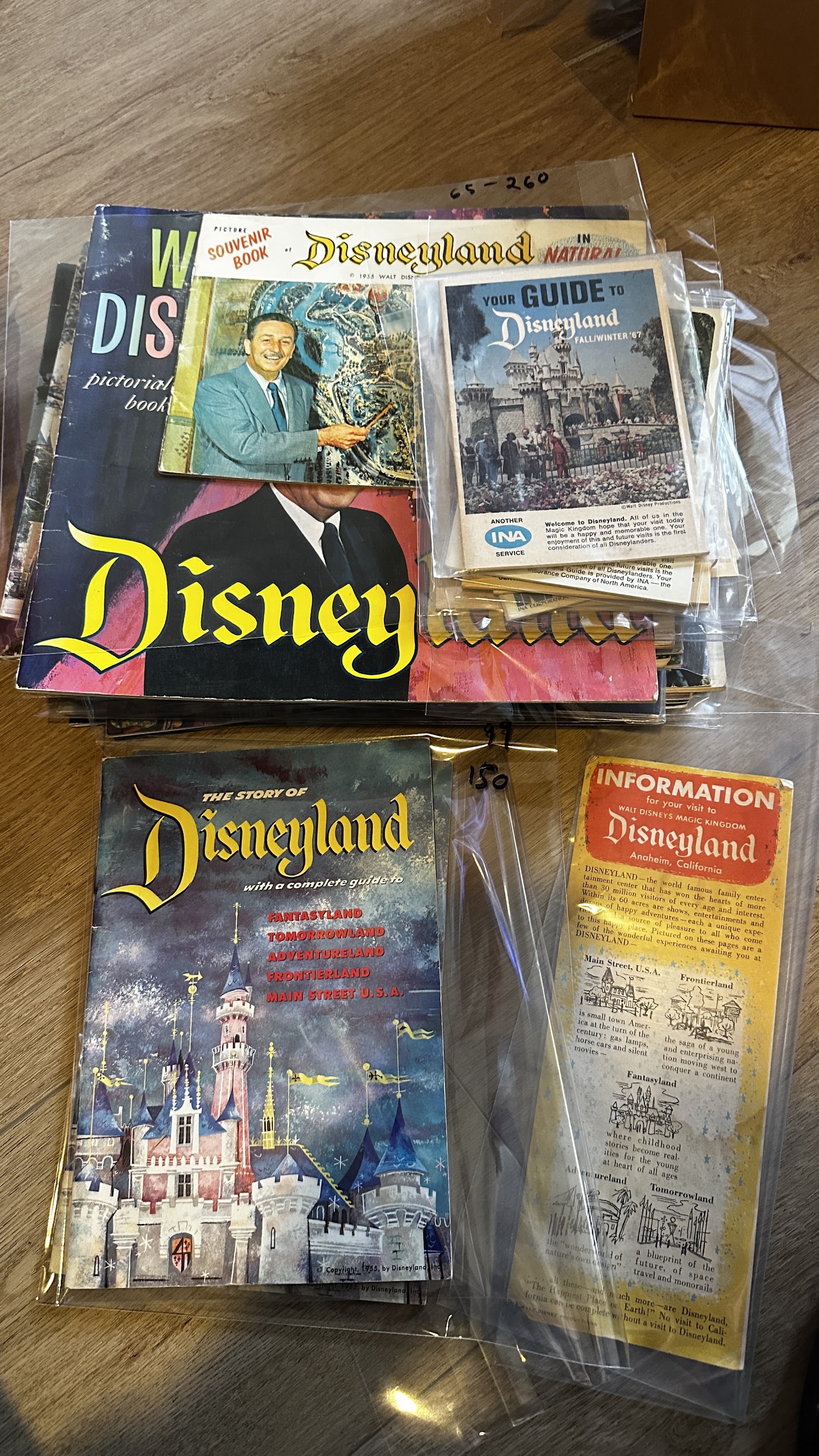 1955 Walt Disney Productions Disneyland in Natural Color small souvenir book, showing Walt Disney in blue suit pointing to a conceptual Disneyland map on the cover