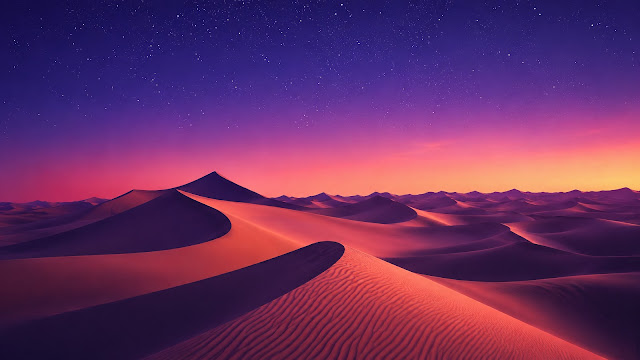 Curving sand dunes with fine wind ripples under a bright pink and purple sunset sky with early stars.