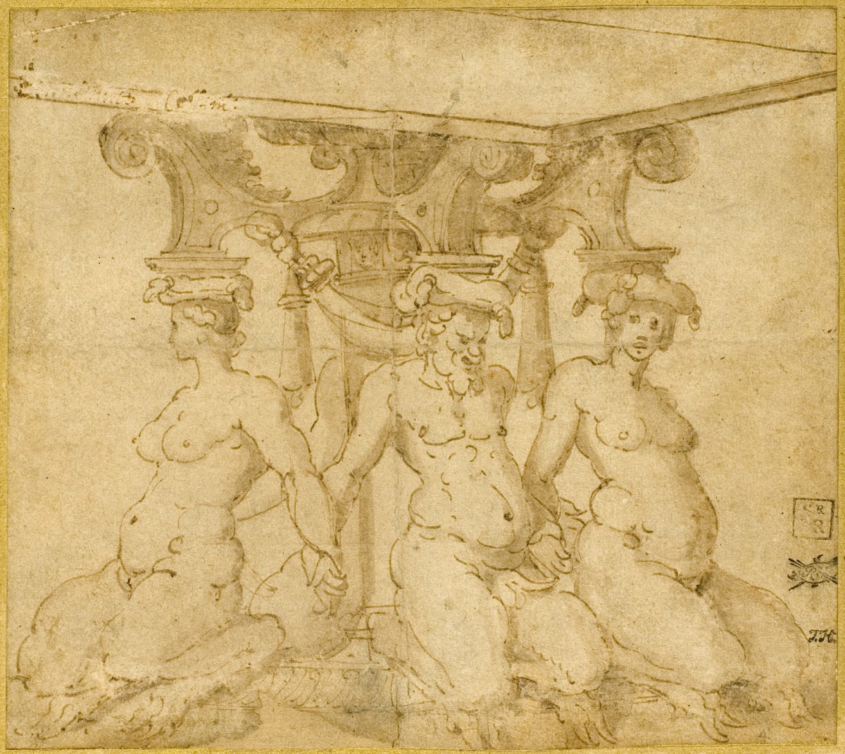 Design for an Ornamental Base with Kneeling Satyresses and Satyr