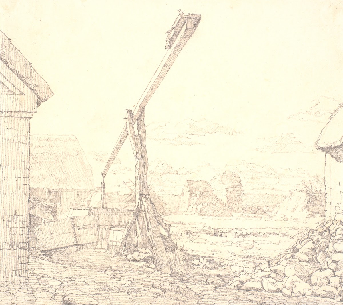 Brøndvippe i en bondegård solskin 1835