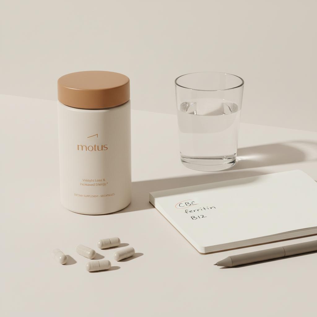 Tonum Motus supplement container on a pale beige surface with notebook listing CBC, ferritin and B12, glass of water and scattered capsules — vitamin for tiredness