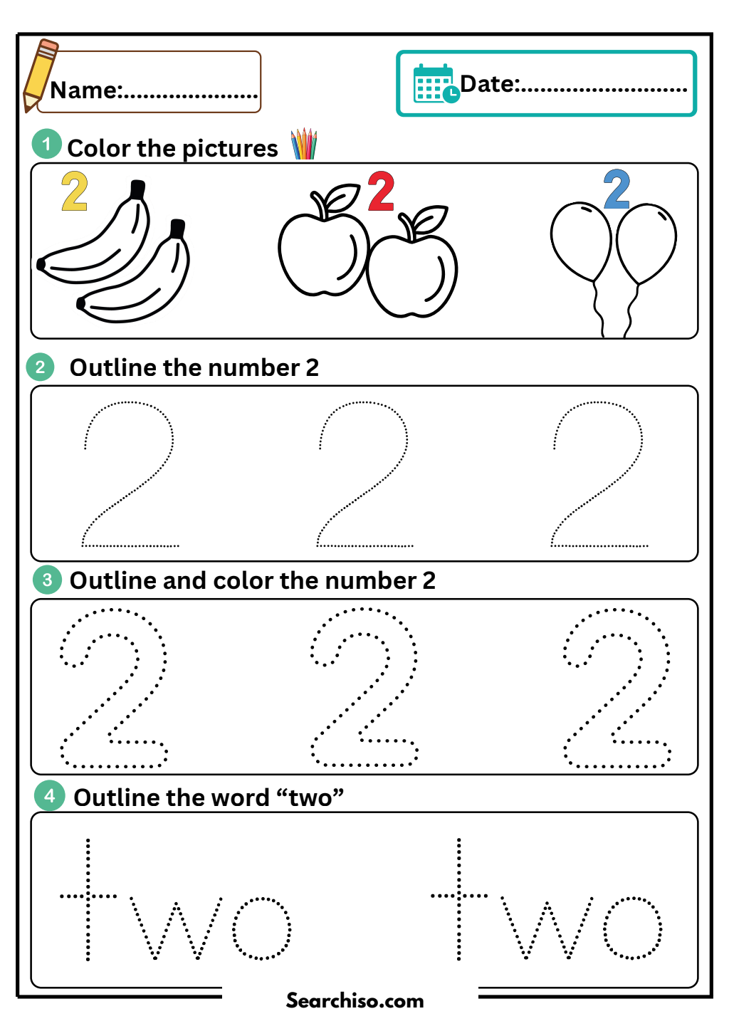 Number Two Early Learning Tracing Guide PDF printable