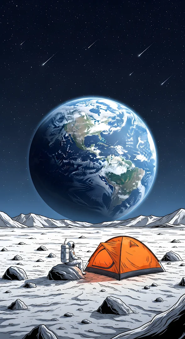 Astronaut Camping on Moon Surface with Giant Earth View