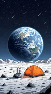 Astronaut Camping on Moon Surface with Giant Earth View