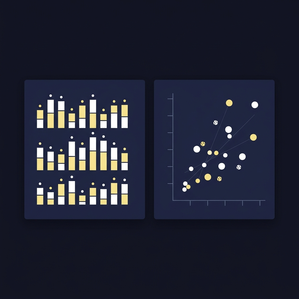 Minimalist 2D vector composite of a baseball pitcher batter platoon matchup chart beside a basketball efficiency scatter plot in Funded Plays brand colors Why Style Matchups Matter More Than Records