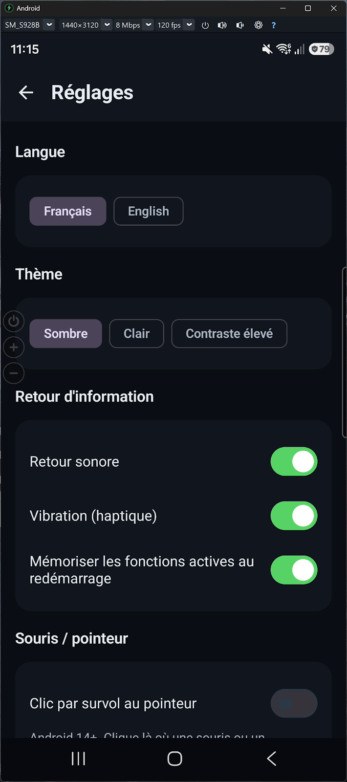 Accessibility Controller Android - réglages : langue, thème, retour sonore et haptique, clic au pointeur