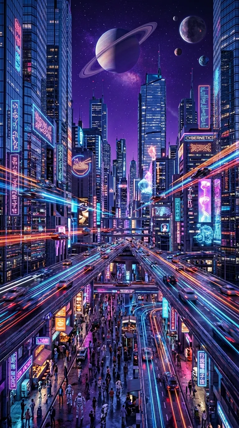 Futuristic Neon Cityscape with Glass Towers and Distant Planets - Free 4K mobile Wallpaper