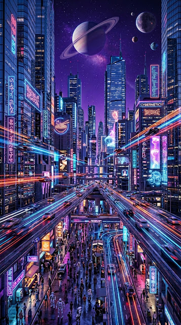 Futuristic Neon Cityscape with Glass Towers and Distant Planets - Free mobile Wallpaper
