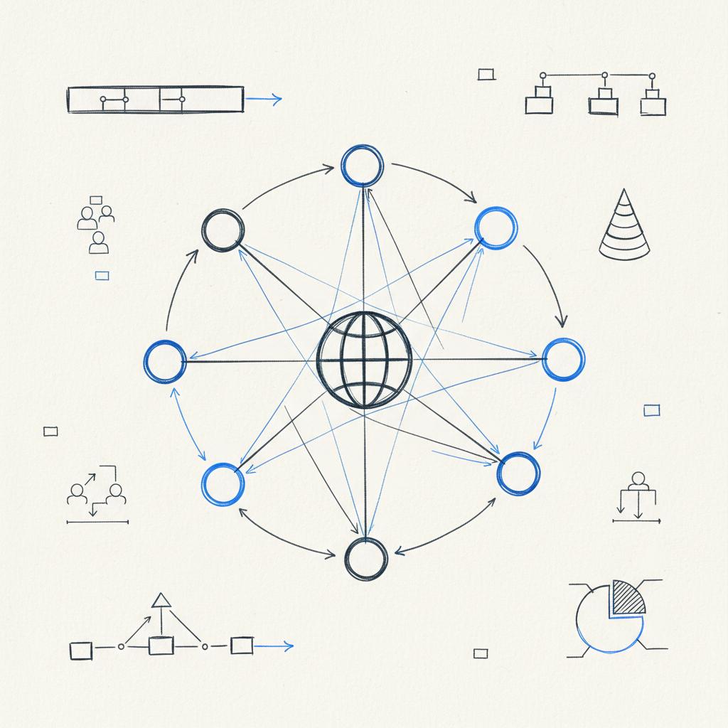 Hand-drawn notebook sketch of interconnected agency networks with circular nodes linked to a central globe in Agency Visible colors, clean minimalist layout, Big 5