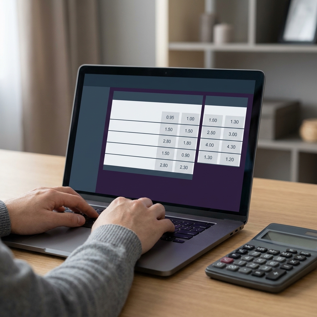 What Is Arbitrage in Sports Markets close up of laptop screen showing betting odds and a calculator with hands typing on a minimalist dark desk