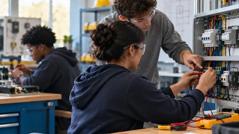 Students practicing hands-on electrical engineering in a technical training lab