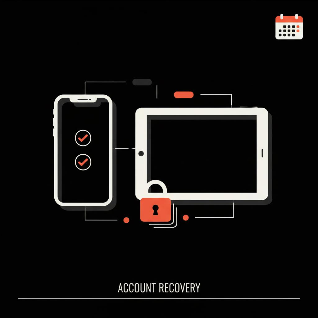 Minimal vector infographic of smartphone and tablet with checkmarks, padlock and calendar in Social Success Hub brand colors, illustrating how to recover Gmail without phone and email