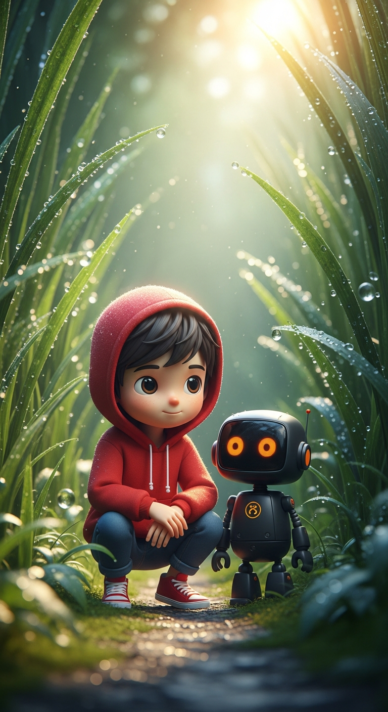 Cute Stylized Boy and Small Robot Crouching in Lush Green Grass Render - Free 4K mobile Wallpaper